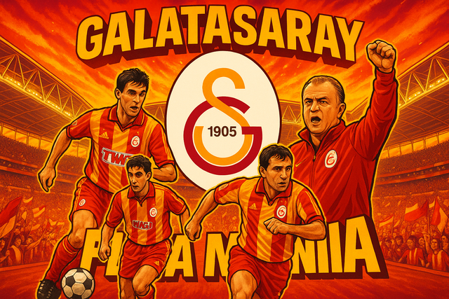 crea una bella immagine dai colori brillanti che esalta GALATASARAY calcio. Inserisci il logo della squadra, immagini di Hakan Sukur Hagi e Terim e lo stadio come sfondo. Aggiungi la scritta FLAG MANIA