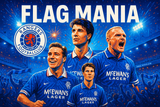 crea una bella immagine dai colori brillanti che esalta GLASGOW RANGERS calcio. Inserisci lo stemma della squadra, immagini di Ally McCoist, Brian Laudrup, and Paul Gascoigne e lo stadio come sfondo. Aggiungi la scritta FLAG MANIA
