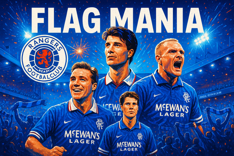 crea una bella immagine dai colori brillanti che esalta GLASGOW RANGERS calcio. Inserisci lo stemma della squadra, immagini di Ally McCoist, Brian Laudrup, and Paul Gascoigne e lo stadio come sfondo. Aggiungi la scritta FLAG MANIA