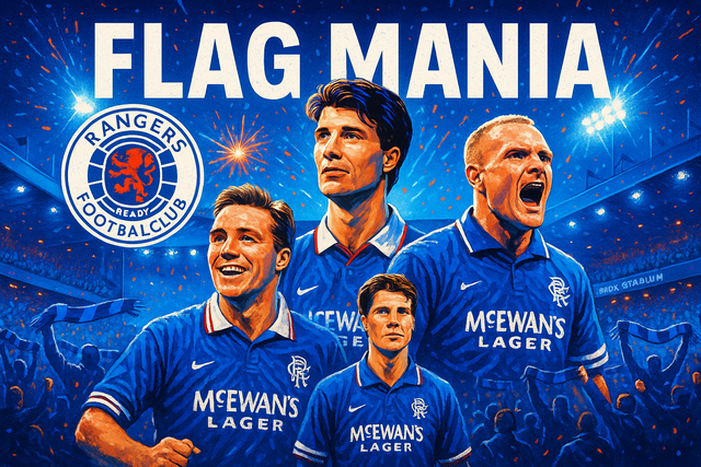 crea una bella immagine dai colori brillanti che esalta GLASGOW RANGERS calcio. Inserisci lo stemma della squadra, immagini di Ally McCoist, Brian Laudrup, and Paul Gascoigne e lo stadio come sfondo. Aggiungi la scritta FLAG MANIA