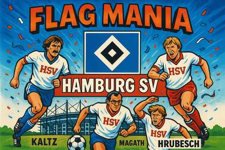 crea una bella immagine dai colori brillanti che esalta HAMBURG SV calcio. Inserisci lo stemma della squadra e il nome, immagini di Kaltz Magath Hrubesch e lo stadio come sfondo. Aggiungi la scritta FLAG MANIA in picco