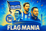crea una bella immagine dai colori brillanti che esalta HERTHA BERLINO calcio. Inserisci lo stemma della squadra, immagini di Michael Preetz, Arne Friedrich, and Pal Dardai e lo stadio come sfondo. Aggiungi la scritta FLAG MANIA