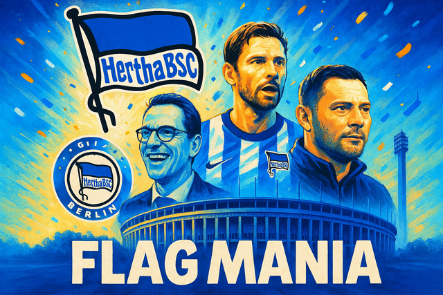 crea una bella immagine dai colori brillanti che esalta HERTHA BERLINO calcio. Inserisci lo stemma della squadra, immagini di Michael Preetz, Arne Friedrich, and Pal Dardai e lo stadio come sfondo. Aggiungi la scritta FLAG MANIA
