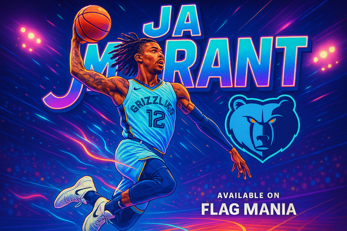 crea una bella immagine dai colori brillanti che esalta il giocatore di basket NBA JA MORANT scrivendone il nome. Inserisci lo stemma delle squadre dove ha giocato e  e scrivi (più piccolo) available on FLAG MANIA