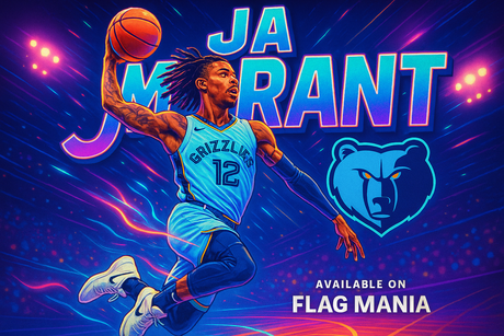 crea una bella immagine dai colori brillanti che esalta il giocatore di basket NBA JA MORANT scrivendone il nome. Inserisci lo stemma delle squadre dove ha giocato e  e scrivi (più piccolo) available on FLAG MANIA