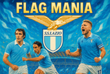 crea una bella immagine dai colori brillanti che esalta LAZIO calcio. Inserisci lo stemma della squadra e il nome, immagini di Chinaglia Nesta e Immobile e lo stadio come sfondo. Aggiungi la scritta FLAG MANIA in picco