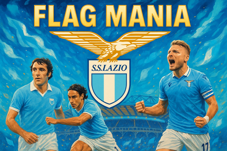 crea una bella immagine dai colori brillanti che esalta LAZIO calcio. Inserisci lo stemma della squadra e il nome, immagini di Chinaglia Nesta e Immobile e lo stadio come sfondo. Aggiungi la scritta FLAG MANIA in picco