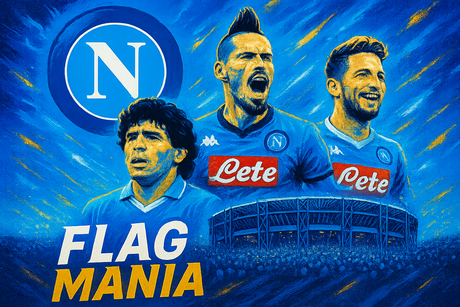 crea una bella immagine dai colori brillanti che esalta NAPOLI calcio. Inserisci il logo della squadra, immagini di Maradona Hamsik e Mertens e lo stadio come sfondo. Aggiungi la scritta FLAG MANIA