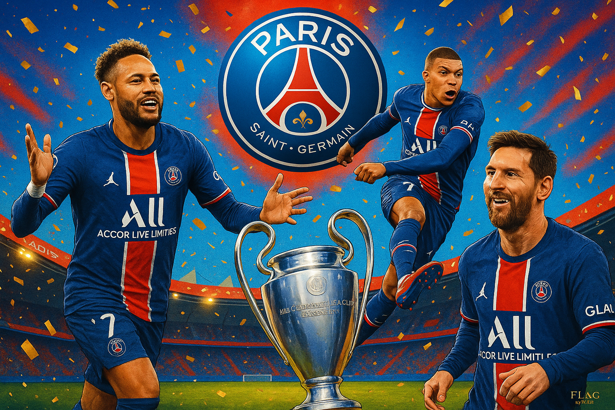 crea una bella immagine dai colori brillanti che esalta Paris Saint-GErmain calcio. Inserisci lo stemma della squadra e il nome,un immagine che celebri la vittoria recente della Champions League e immagini di Neymar Mbappè Messi  e lo stadio come sfondo. Aggiungi la scritta FLAG MANIA in piccolo