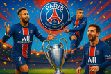 crea una bella immagine dai colori brillanti che esalta Paris Saint-GErmain calcio. Inserisci lo stemma della squadra e il nome,un immagine che celebri la vittoria recente della Champions League e immagini di Neymar Mbappè Messi  e lo stadio come sfondo. Aggiungi la scritta FLAG MANIA in piccolo