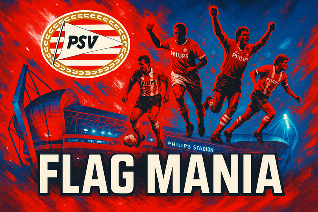 crea una bella immagine dai colori brillanti che esalta PSV EINDHOVEN calcio. Inserisci il logo della squadra, immagini vere di giocatori che ne hanno fatto la storia e magari lo stadio come sfondo. Aggiungi la scritta FLAG MANIA