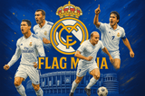 crea una bella immagine dai colori brillanti che esalta REAL MADRID calcio. Inserisci lo stemma della squadra, immagini di Cristiano Ronaldo Zidane Raul e Di Stefano e lo stadio come sfondo. Aggiungi la scritta FLAG MANIA