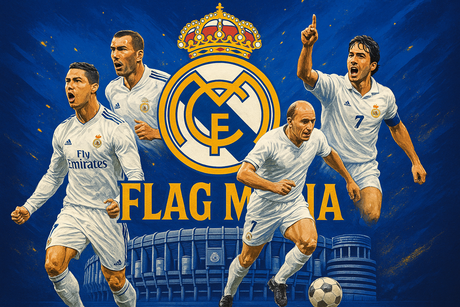 crea una bella immagine dai colori brillanti che esalta REAL MADRID calcio. Inserisci lo stemma della squadra, immagini di Cristiano Ronaldo Zidane Raul e Di Stefano e lo stadio come sfondo. Aggiungi la scritta FLAG MANIA