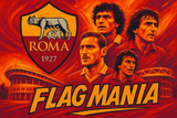 crea una bella immagine dai colori brillanti che esalta ROMA calcio. Inserisci il logo della squadra, immagini di Totti Falcao e Bruno Conti e lo stadio come sfondo. Aggiungi la scritta FLAG MANIA