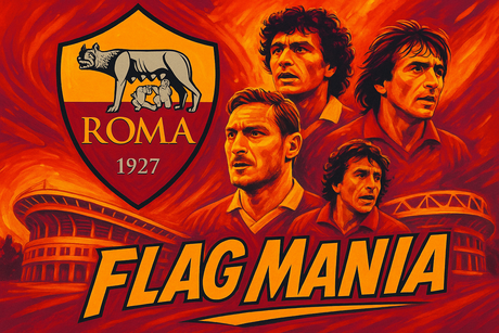 crea una bella immagine dai colori brillanti che esalta ROMA calcio. Inserisci il logo della squadra, immagini di Totti Falcao e Bruno Conti e lo stadio come sfondo. Aggiungi la scritta FLAG MANIA