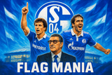  crea una bella immagine dai colori brillanti che esalta SCHALKE 04 calcio. Inserisci il logo della squadra, immagini di Klaus Fischer, Raul and Rudi Assauer e lo stadio come sfondo. Aggiungi la scritta FLAG MANIA