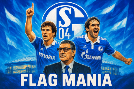  crea una bella immagine dai colori brillanti che esalta SCHALKE 04 calcio. Inserisci il logo della squadra, immagini di Klaus Fischer, Raul and Rudi Assauer e lo stadio come sfondo. Aggiungi la scritta FLAG MANIA