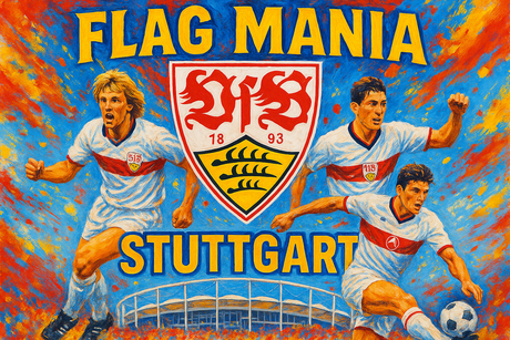 crea una bella immagine dai colori brillanti che esalta STUTTGART calcio. Inserisci lo stemma della squadra e il nome, immagini di klinsmann Fritz Walter e Mario Gomez e lo stadio come sfondo. Aggiungi la scritta FLAG MANIA in picco