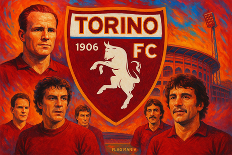 crea una bella immagine dai colori brillanti che esalta TORINO calcio. Inserisci lo stemma della squadra e il nome, immagini di Valentino Mazzola Pulici e Graziani e lo stadio come sfondo. Aggiungi la scritta FLAG MANIA in piccolo