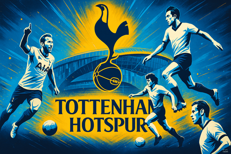 crea una bella immagine dai colori brillanti che esalta TOTTENHAM calcio. Inserisci lo stemma della squadra e il nome, immagini di leggende del club e lo stadio come sfondo. Aggiungi la scritta FLAG MANIA in piccolo