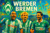 crea una bella immagine dai colori brillanti che esalta WERDER BREMEN calcio. Inserisci lo stemma della squadra e il nome, immagini di Ailton Voller e Pizarro e lo stadio come sfondo. Aggiungi la scritta FLAG MANIA in piccolo