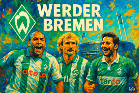crea una bella immagine dai colori brillanti che esalta WERDER BREMEN calcio. Inserisci lo stemma della squadra e il nome, immagini di Ailton Voller e Pizarro e lo stadio come sfondo. Aggiungi la scritta FLAG MANIA in piccolo