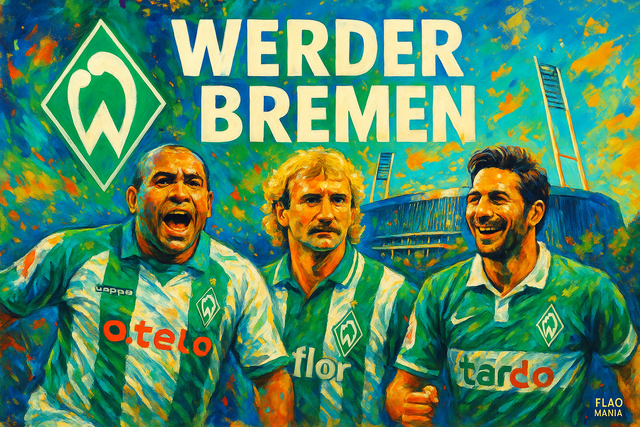 crea una bella immagine dai colori brillanti che esalta WERDER BREMEN calcio. Inserisci lo stemma della squadra e il nome, immagini di Ailton Voller e Pizarro e lo stadio come sfondo. Aggiungi la scritta FLAG MANIA in piccolo