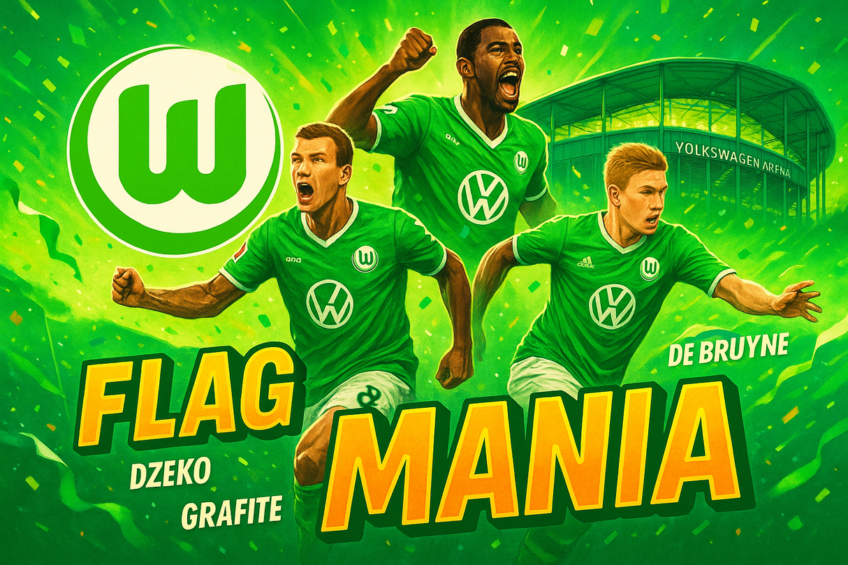 crea una bella immagine dai colori brillanti che esalta WOLFSBURG calcio. Inserisci lo stemma della squadra, immagini di Dzeko Grafite e De Bruyne e lo stadio come sfondo. Aggiungi la scritta FLAG MANIA