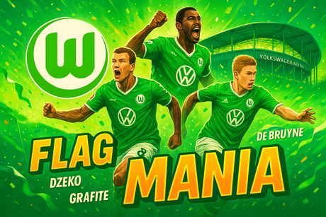 crea una bella immagine dai colori brillanti che esalta WOLFSBURG calcio. Inserisci lo stemma della squadra, immagini di Dzeko Grafite e De Bruyne e lo stadio come sfondo. Aggiungi la scritta FLAG MANIA
