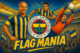 crea una bella immagine dai colori brillanti che esalti FENERBAHCE calcio. Inserisci lo stemma della squadra, immagini di Alex de Souza, Lefter Küçükandonyadis, and Rüştü Reçber e lo stadio come sfondo. Aggiungi la scritta FLAG MANIA