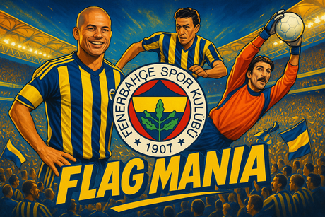 crea una bella immagine dai colori brillanti che esalti FENERBAHCE calcio. Inserisci lo stemma della squadra, immagini di Alex de Souza, Lefter Küçükandonyadis, and Rüştü Reçber e lo stadio come sfondo. Aggiungi la scritta FLAG MANIA
