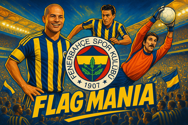 crea una bella immagine dai colori brillanti che esalti FENERBAHCE calcio. Inserisci lo stemma della squadra, immagini di Alex de Souza, Lefter Küçükandonyadis, and Rüştü Reçber e lo stadio come sfondo. Aggiungi la scritta FLAG MANIA