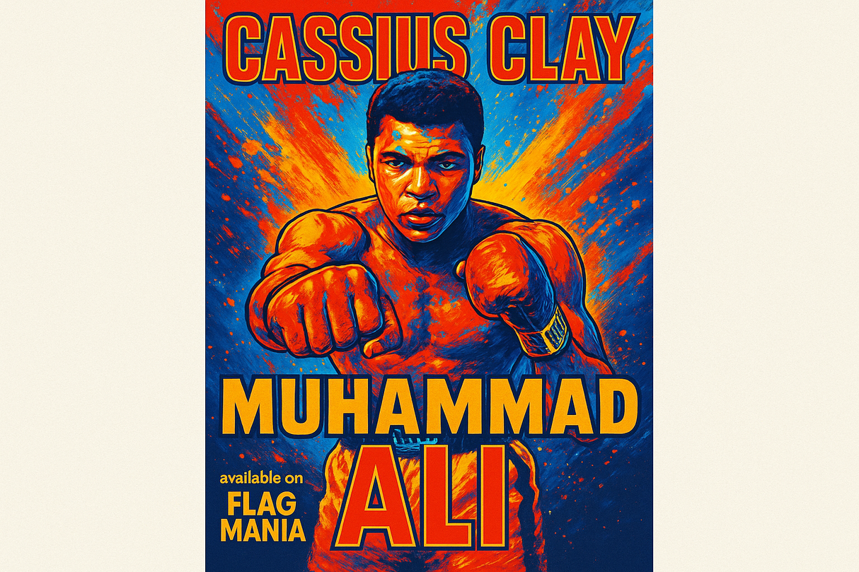 crea una bella immagine dai colori brillanti di CASSISU CLAY MUHAMMAD ALI scrivendone il nomee scrivi anche available on FLAG MANIA