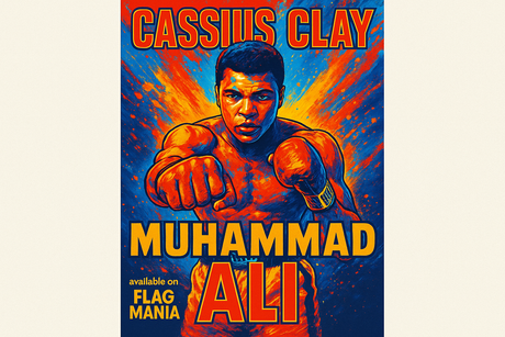 crea una bella immagine dai colori brillanti di CASSISU CLAY MUHAMMAD ALI scrivendone il nomee scrivi anche available on FLAG MANIA