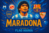 crea una bella immagine dai colori brillanti di DIEGO ARMANDO MARADONA scrivendone il nome. Inserisci lo stemma delle squadre dove ha giocato e scrivi più piccolo available on FLAG MANIA