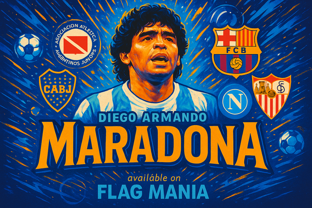 crea una bella immagine dai colori brillanti di DIEGO ARMANDO MARADONA scrivendone il nome. Inserisci lo stemma delle squadre dove ha giocato e scrivi più piccolo available on FLAG MANIA