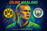 crea una bella immagine dai colori brillanti di ERLING HAALAND scrivendone il nome. Inserisci lo stemma delle squadre dove ha giocato e scrivi più piccolo available on FLAG MANIA
