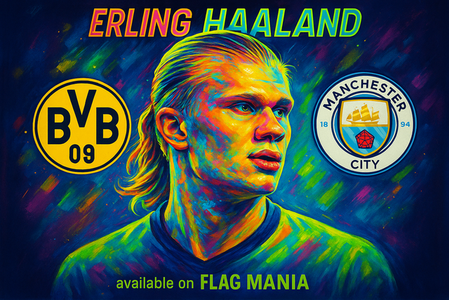 crea una bella immagine dai colori brillanti di ERLING HAALAND scrivendone il nome. Inserisci lo stemma delle squadre dove ha giocato e scrivi più piccolo available on FLAG MANIA