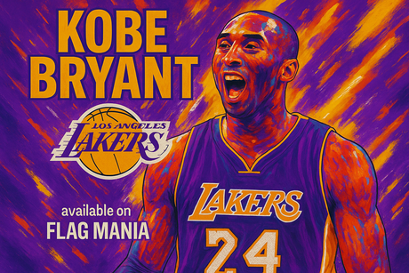 crea una bella immagine dai colori brillanti di KOBE BRYANT scrivendone il nome. Inserisci lo stemma delle squadre dove ha giocato e scrivi più piccolo available on FLAG MANIA