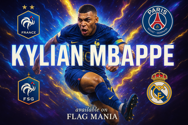 crea una bella immagine dai colori brillanti di KYLIAN MBAPPE scrivendone il nome. Inserisci lo stemma della Francia, Parisa Saint Germain, Real Madrid e Monaco. Scrivi più piccolo available on FLAG MANIA