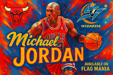 crea una bella immagine dai colori brillanti di MICHAEL JORDAN scrivendone il nome. Inserisci lo stemma delle squadre dove ha giocato e scrivi più piccolo available on FLAG MANIA