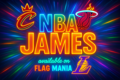 crea una bella immagine dai colori brillanti di NBA JAMES scrivendone il nome. Inserisci lo stemma delle squadre dove ha giocato e scrivi più piccolo available on FLAG MANIA