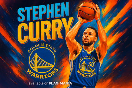 crea una bella immagine dai colori brillanti di STEPHEN CURRY scrivendone il nome. Inserisci lo stemma delle squadre dove ha giocato e scrivi più piccolo available on FLAG MANIA