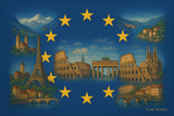 realizza un immagine della bandiera EUROPA, inserendo immagini dell'Europa. scrivi in piccolo FLAG MANIA
