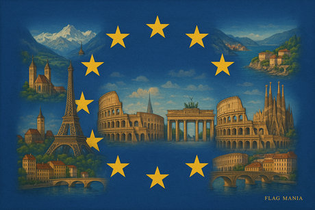 realizza un immagine della bandiera EUROPA, inserendo immagini dell'Europa. scrivi in piccolo FLAG MANIA